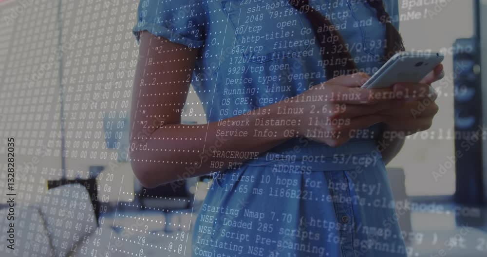 Poster programming code overlay on smartphone, person in blue dress using animation app