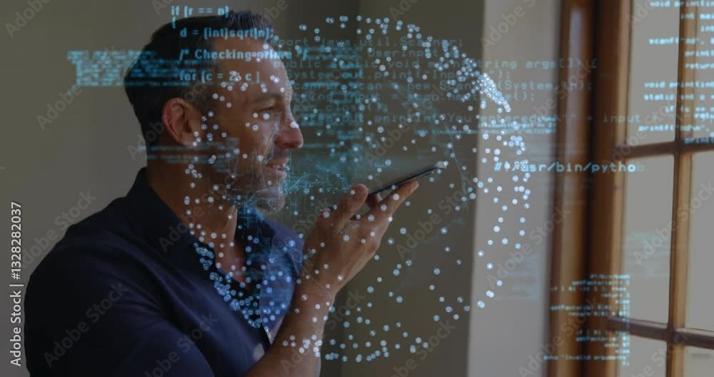 Poster using smartphone, man interacting with animation and digital code in school setting