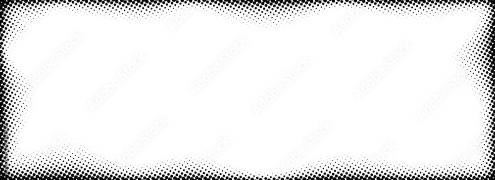 Poster halftone rectangle grain frame. black comic dotted wavy border. pop art fading gradient framing back