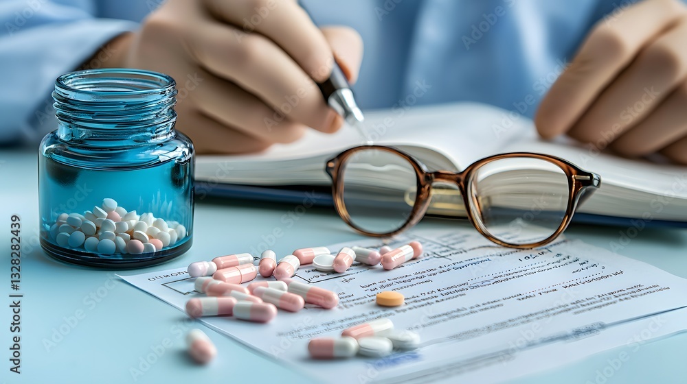 Poster a close up view of various prescription medications and items arranged on a desk along with a notebo