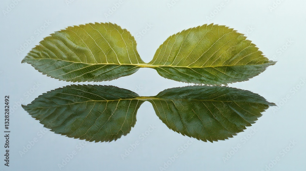 Poster clean photograph of a perfectly symmetrical leaf lying on a reflective surface, mirroring its own sh
