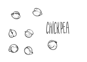 Hand drawn sketch black and white of heap, pile of chickpeas, nut, leaf. Vector illustration. Elements in graphic style label, card, sticker, menu, package. Engraved style