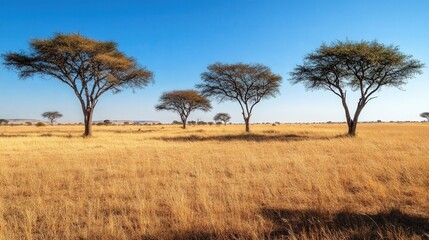 Obraz premium open savannah with solitary rain trees scattered across the landscape, their thick branches casting long shadows across the dry grass