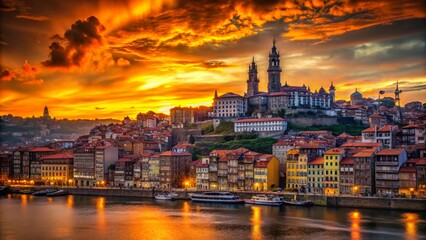 Naklejka premium Porto Cityscape Silhouette: Clerigos Tower at Sunset, Portugal