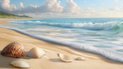 secluded spring beach with soft waves lapping against the shore and seashells scattered along the warm sand