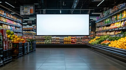 Grocery shopping experience in modern supermarket fresh produce aisle indoor environment wide viewpoint