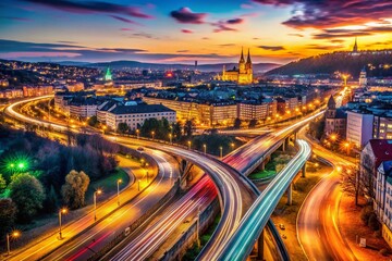 Fototapeta premium Prague Night Expressway, Bird's Eye View Long Exposure Photography