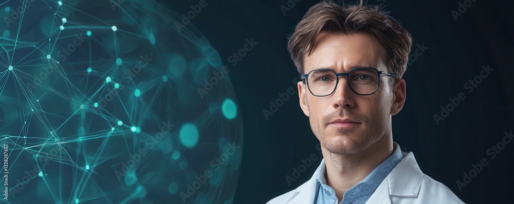 Aufkleber a focused male scientist in a lab coat stands against a digital background, symbolizing innovation a
