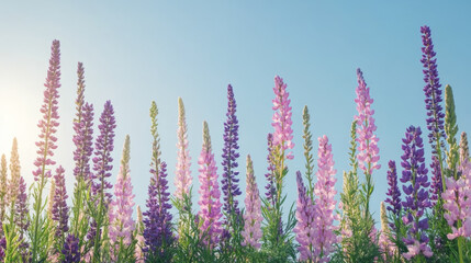 Lush purple and pink flowers against clear blue sky, radiating beauty