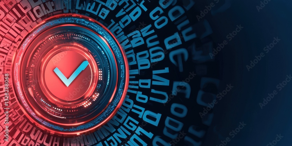 Poster A digital interface featuring a prominent checkmark symbol, surrounded by abstract binary code elements in red and blue hues.