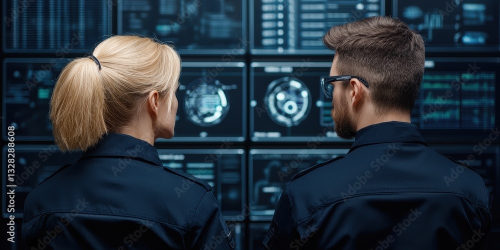 Poster Two professionals analyze complex data on screens in a high-tech environment, showcasing teamwork and advanced technology.