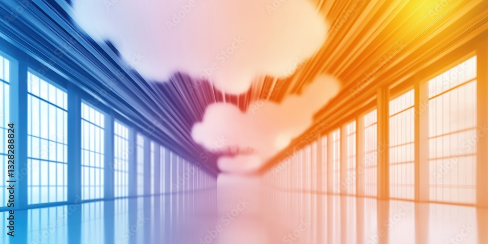 Poster a vibrant, abstract space with flowing colors and clouds, evoking a sense of movement and depth in a