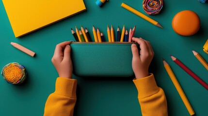 Person Holding Colorful Pencil Case Surrounded by School Supplies