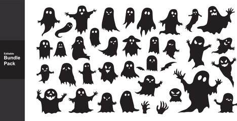Fototapeta premium Halloween Ghost Silhouettes Vector Bundle: Spooky Clip Art, Creepy Ghostly Apparitions, Halloween Decoration Elements, Graphic Design Assets