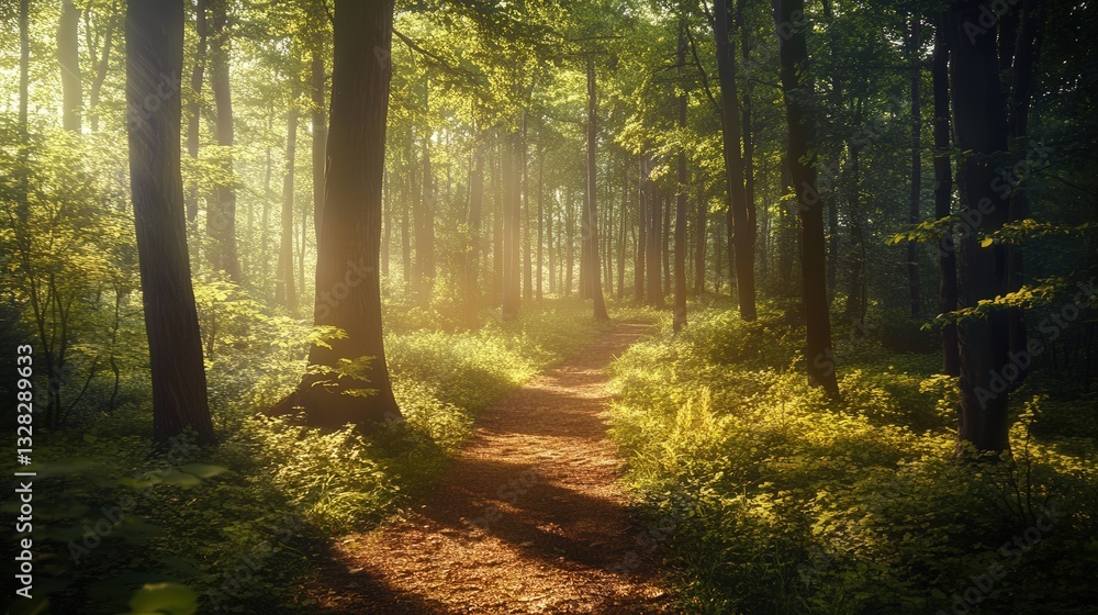 Poster summer forest trail with sunlight filtering through the trees, casting dappled shadows on the forest