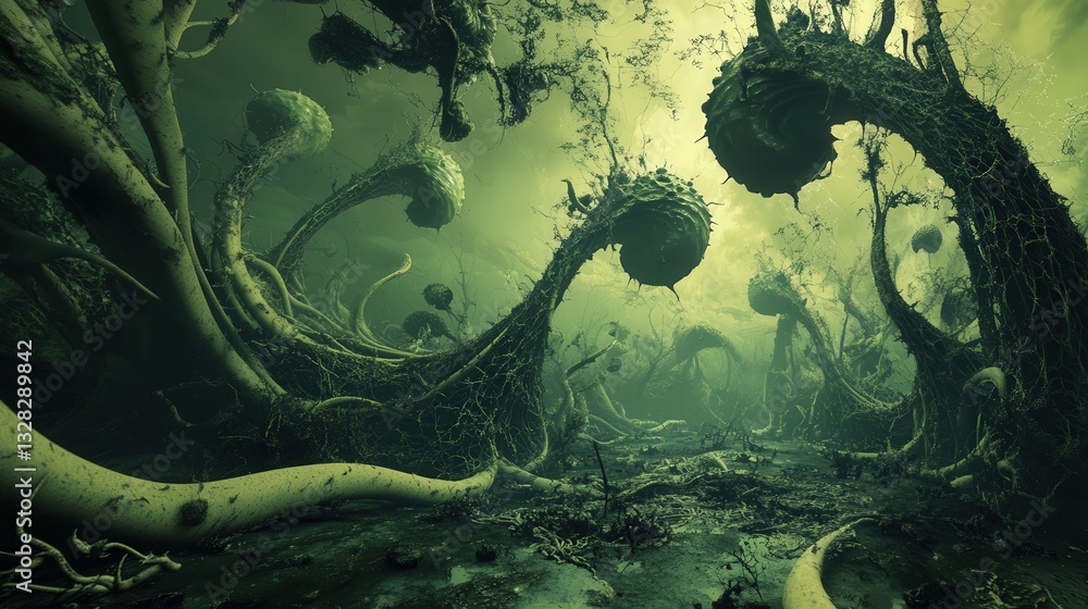 Poster surreal dreamscape where pests morph into abstract shapes.