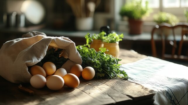 busy family kitchen where a grocery bag filled with seasonal fruits, greens, and eggs rests on a wooden table for preparation