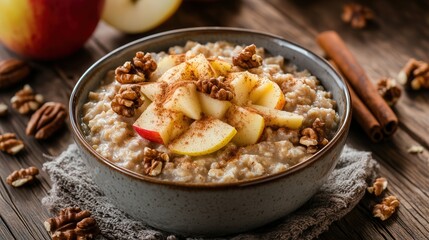 warm spiced apple and cinnamon oatmeal with walnuts for a fiber-rich breakfast