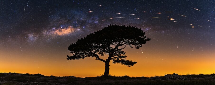 Silhouette of a lone tree under a starry night sky display