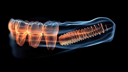 Close-up view of dental implant in human jaw, with surrounding healthy teeth, demonstrating advancements in dental technology, precision in treatment, the importance of oral healthcare