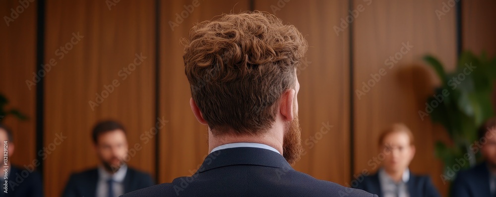 Poster a man with curly hair sits in front of a group, engaged in a meeting or discussion within a modern, 