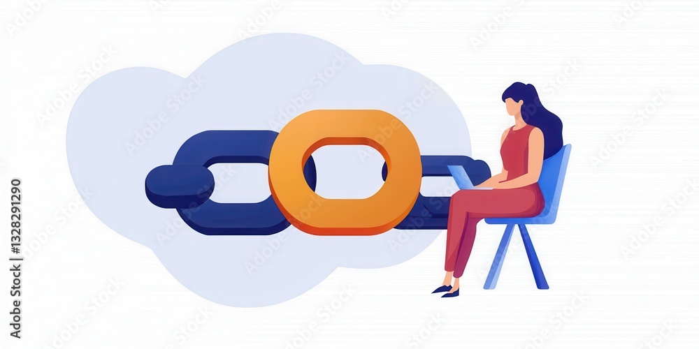 Poster a woman sits on a chair, using a laptop while interacting with a stylized chain link graphic, symbol