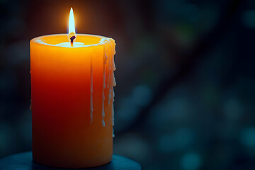 Burning Orange Candle In Dark Background