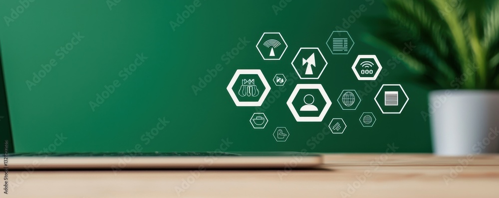 Poster a modern workspace featuring a laptop and plant, with hexagonal icons representing various digital c