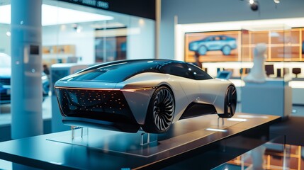 A sleek, futuristic car design showcased in a modern exhibition space, highlighting advanced automotive technology and innovation.