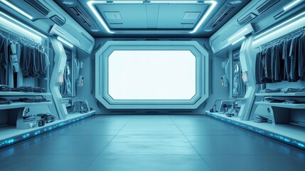 Fototapeta premium Futuristic clothing display sci-fi store interior design modern environment wide angle view retail concept