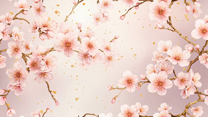Fototapeta premium A delicate cherry blossom seamless pattern with soft pink sakura flowers in full bloom, detailed petals with gentle shading, and scattered golden speckles for an elegant touch