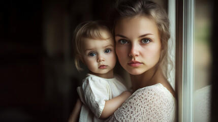 young woman holds baby close, both gazing thoughtfully out window