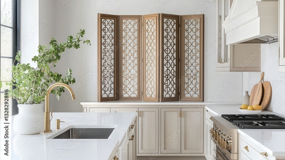 Aufkleber kitchen where clean white countertops complement a delicate folding screen, creating a sophisticated