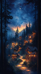 Fototapeta premium Colorful village at night with stars in the sky. There is a path to the village. Quirky art style. Watercolor painting.