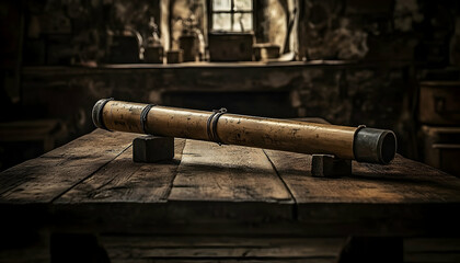 Obraz premium Antique telescope on rustic wooden table in a dark room