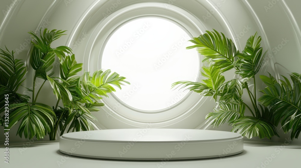 Poster a bright, minimalist space featuring a circular window and lush green plants, creating an inviting a