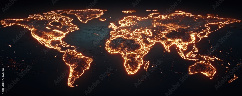 Poster a fiery representation of the world map, showcasing continents illuminated by glowing orange lines a