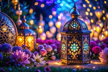 Obraz premium Ramadan Kareem Night Background: Elegant Floral Pattern Design