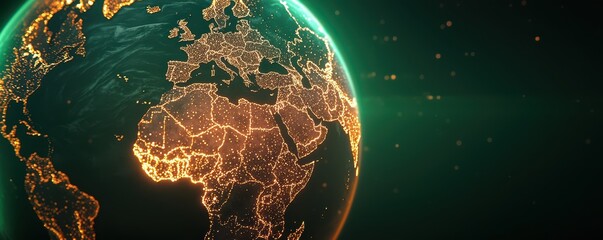 A glowing representation of Earth highlighting continents with digital connections and vibrant lighting against a dark background.
