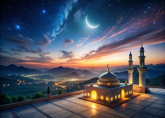 Obraz premium Ramadan Night Prayer: Starry Sky, Dramatic Landscape, New Moon