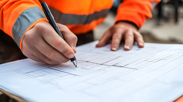 Architectural concept creation, construction professional drafting on blueprint