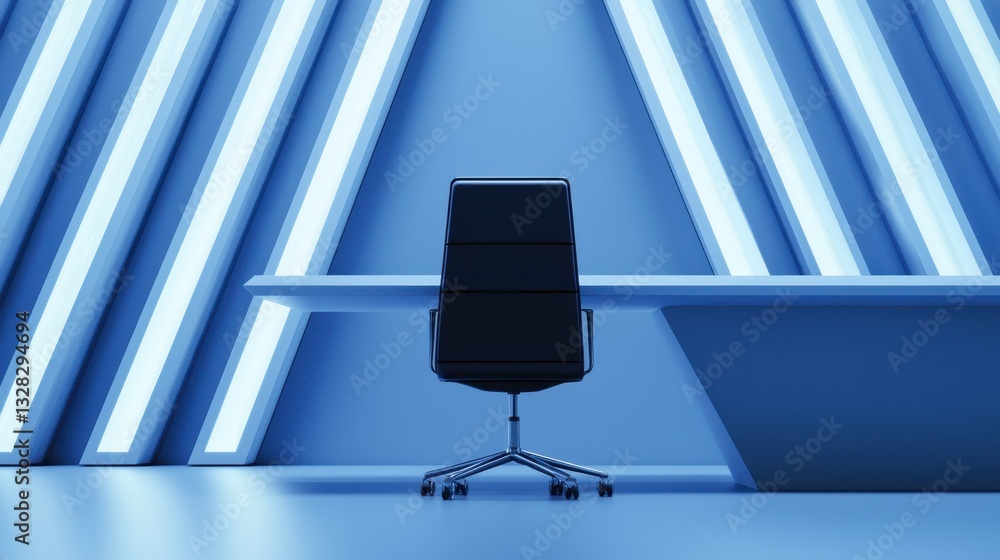 Poster a modern office scene featuring a sleek black chair against a blue, illuminated wall with angular li