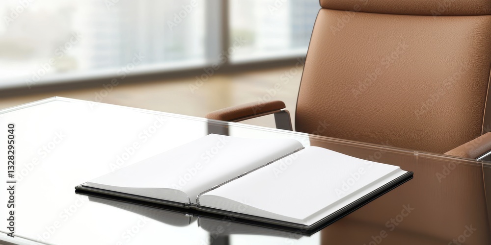 Poster a sleek office setting featuring a closed notebook on a glossy desk, with a comfortable chair in the