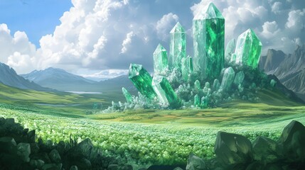 dreamlike landscape where giant crystals grow among lush emerald fields