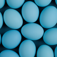 Blue easter eggs painted by hand on a dark background. Easter stylish minimal composition. Top view, flat lay, copy space