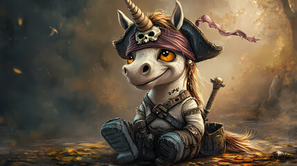 A whimsical pirate unicorn character sits cheerfully amidst a magical forest setting