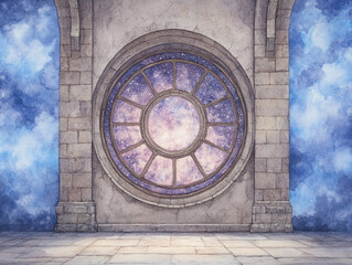 Obraz premium Cosmic Window in an Ancient Stone Building