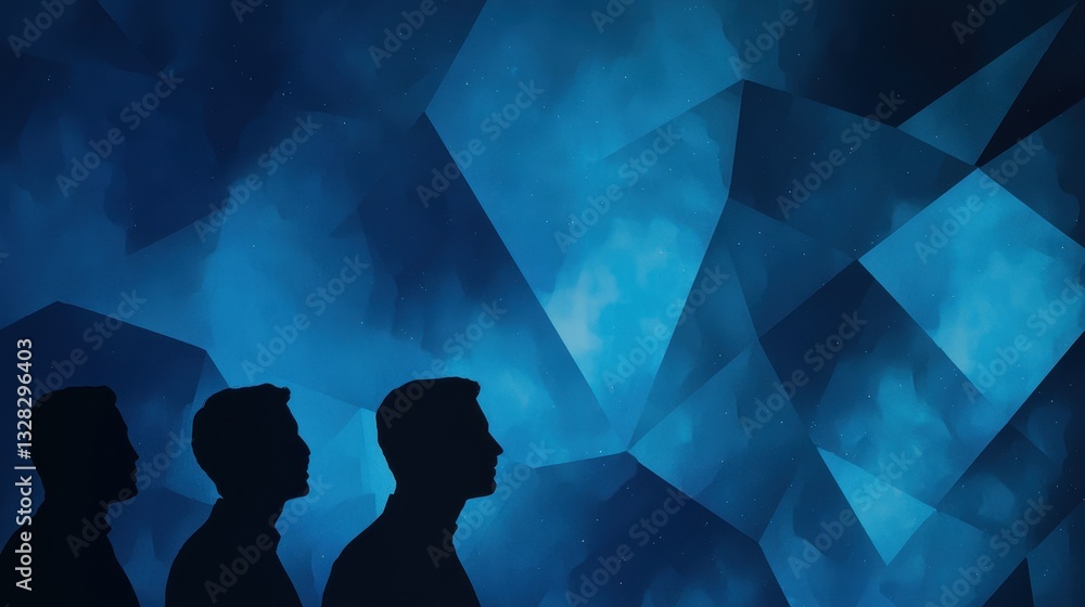 Poster silhouettes of three individuals against an abstract blue geometric background, creating a mysteriou