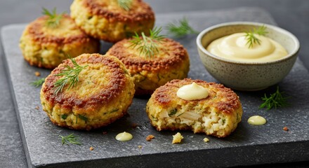 Delicious Golden Brown Crab Cakes with Creamy Dill Sauce Garnish