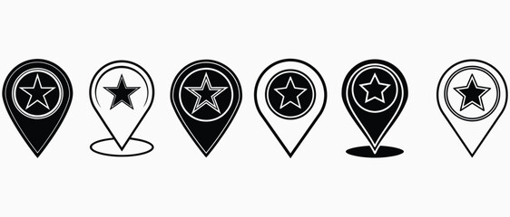 Star Location Pin Icons Set,GPS Map Marker with Star Symbol , Navigation & Favorite Place Icons